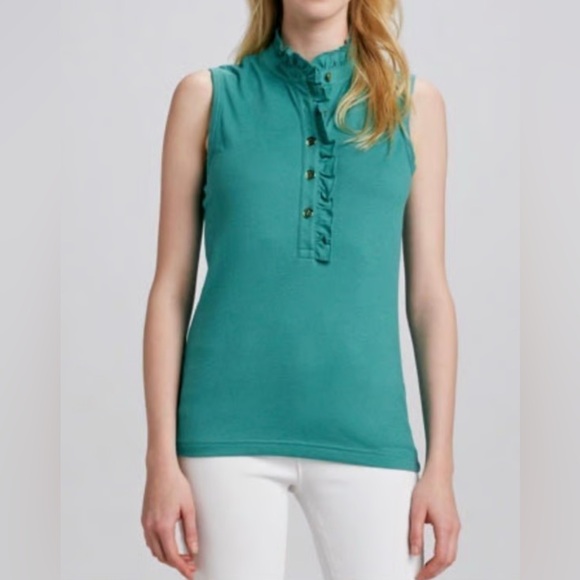 Tory Burch Blouse Ruffled Lidia Polo Tank Size S Teal Color Pre-Owned - Picture 1 of 3